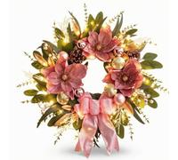 Harilla Corona Navideña Guirnalda Corona Adorno Decoración con Luces Verde Frondosa con Frutas Blancas y Lazo Rosa Largo Adecuada para Puerta del Hogar Chimenea Escaparate Invierno60cm
