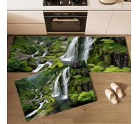 HASLEFND Juego de 2 Alfombras de Cocina Paisaje Natural Cascada de montaña Antideslizantes, tapetes de Cocina antifatiga para decoración del hogar, Oficina, Escritorio de pie (Verde, 40x60+40x120cm)