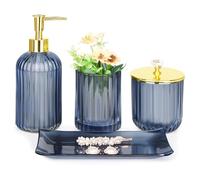 Haturi Juego de accesorios de baño, 4 piezas de accesorios de baño de cristal azul completo con dispensador de jabón de loción, soporte para cepillo de dientes, tarro de boticario, bandeja de tocador,