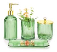 Haturi Juego de accesorios de baño, 4 piezas de accesorios de baño de vidrio verde completo con dispensador de jabón de loción, soporte para cepillo de dientes, tarro de boticario, bandeja de tocador,