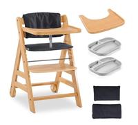 hauck Alpha Plus Move Set de Tronas de Bebe de Madera con Bandeja - Cojín y 2 Platos de Silicona - Silla Evolutiva con Ruedas - Natur/Charcoal
