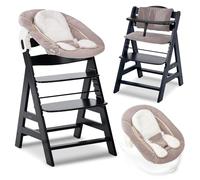 hauck Alpha Plus Newborn Set Trona Evolutiva de Madera y Cojín, Negro Beige | Silla alta para bebé con asiento para primeras etapas, cojín y arnés, trona evolutiva de madera ajustable hasta 90 kg