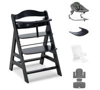 hauck Alph Premium Bundle, Beech Black - Silla alta de madera desde el nacimiento hasta los 99 años - Trona Grow Along con mecedora reclinable para recién nacido, reductor de asiento de bebé