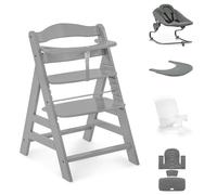 hauck Alph Premium Bundle, gris haya, silla alta de madera desde el nacimiento hasta los 99 años, trona Grow Along con mecedora reclinable para recién nacido, reductor de asiento de bebé