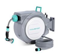 HAUSHOF Carrete Manguera 30m, Soporte Pared Giratorio 180° | Enrollador Automático con 10 Modos de Riego para Jardín y Lavado de Coches con Uso Cómodo y Flexible