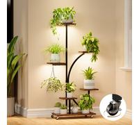 HAUSPROFI Plant Stand with Grow Light, 6-Tier 125cm Flower Stand, Metal and Wood Plant Shelf with Lockable Wheels, Indoor & Outdoor Flower Rack, Decorative Plant Ladder for Garden and Balcony, Black