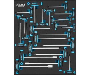 HAZET 163D-5/24 Juego de llaves de vaso de 24 piezas, 2 - 13 mm, T6 - T45, mango ergonómico en T de 2 componentes, incluye sistema de seguridad con inserto de espuma blanda".