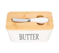 HEALLILY Caja de Mantequilla Recipiente para Conservar Mantequilla Fresca de Cerámica Tapa de Madera y Cortadora en Cocina Doméstica