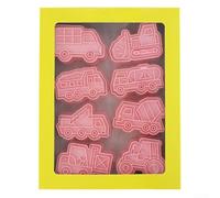 HEBEOT Juego de cortadores de galletas en forma de vehículo de construcción de 8 piezas, material de polipropileno rosa, herramientas para hornear para niños, fiesta de cumpleaños, decoración de