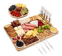 hecef Tabla de Quesos de Bambú con Utensilios 13 piezas, 4 Cuchillos para Queso, 2 Cuencos de Cerámica, 4 Tenedores para Servir, Set de Embutidos - Idea Regalo - Bandejas para Servir Comida
