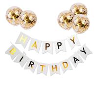 HEEPDD Pancarta de Feliz Cumpleaños, Decoraciones para Fiestas, Letras Doradas, Juego de Banderines de Papel con 5 Globos de Confeti, Banderas de 6x8 Pulgadas, 10 Pies para Colgar en la Pared, para