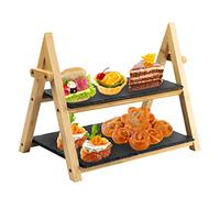 HEFTMAN Soporte Bandeja Pasteles Pizarra de 2 Niveles - Bandeja Pisos Rústica Plegable - Negra/Madera Tablas para Picoteo para Sushi, Postre, Pasteles, Queso, Tapas, Carnes, Antipasti (32 cm x 41 cm)