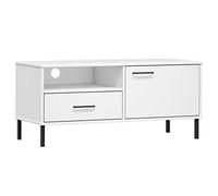 HEFZGDB Mueble de TV Oslo con patas de metal, color blanco, madera maciza de pino para salón, mueble de televisión, mesa auxiliar para sala de recreación, habitación de invitados, dormitorio, sala de