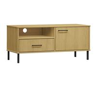 HEFZGDB Mueble de TV Oslo con patas de metal, color marrón, madera maciza de pino para salón, mueble de televisión, mesa auxiliar para sala de recreación, habitación de invitados, dormitorio, sala de