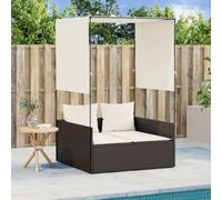 HEFZGDB Tumbona doble con techo y cortinas, marrón de polirratán de polietileno, juego de muebles de jardín, funda extraíble, cojín acolchado grueso, resistente a la intemperie, fácil de limpiar