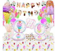 Hegbolke Decoraciones para fiestas de cumpleaños con helado, que incluyen platos, vasos, servilletas, manteles, globos, pancartas para niñas Kits Cumpleaños Paletas de crema para baby shower- Sirve 20