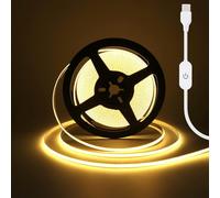 HEGEHE Tira de luz LED COB Regulable, 2m DC 5V 320LEDs/M Tira de luz Blanco Cálido Flexible no impermeable con regulación táctil USB para iluminación de fondo en Navidad, Salones y Fiestas(FPCB:5MM)