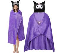 Hello Kitty Sanrio Manta con Capucha Mujer y Adolescente, Kuromi Cinnamoroll Manta Polar Suave Tipo Batamanta para Sofá y Cama, Regalos Anime (Púrpura Kuromi)
