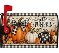 Hello Pumpkins - Cubiertas magnéticas para buzón de correo con cita de | Lazo a cuadros de búfalo, cubierta de poste de buzón, textura de madera rústica, tema de cosecha de temporada