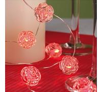Hellum cadena de luces con rosas y 20 LEDs rojos, cadena de luces para interiores con 190 cm de longitud, batería con cable plateado, decoración para el Día de San Valentín, 2 piezas 151572