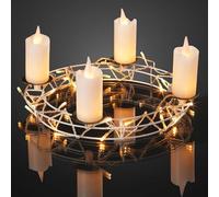 hellum Velas LED de cera con corona de metal para colgar y colocar Ø35x20cm, 4 velas LED blancas de luz cálida, corona de metal para velas con cadena de luces, corona de Adviento moderna blanca para