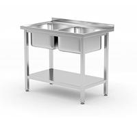 HENDI Fregadero, de cocina, doble, 2x 400x400x(H)250 mm, con estante, desmontable, patas ajustables, orificio del grifo ø30 mm, desagüe ø52 mm, salpicadero 40 mm, 1000x600x(H)850 mm, acero inoxidable