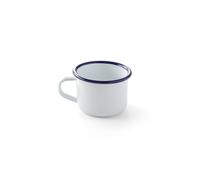 HENDI Jarra Taza Vaso Mug esmaltado, para desayunar y servir diferentes alimentos, postres, bebidas frías y calientes, helados, 0,12 L, ø70x(H) 50 mm, acero esmaltado blanco con borde azul