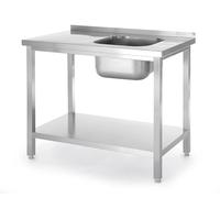 HENDI Mesa atornillada con fregadero, estante inferior fijo, autoensamblable, patas de perfil, orificio para grifo Ø30 mm y desagüe Ø50 mm, 1000x600x(H)850mm, acero inoxidable