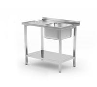 HENDI Mesa con fregadero a la derecha de 400x400x(H)250 mm y estante, mesa de cocina, autoensamblaje, patas regulables, orificio del grifo ø30 mm, desagüe ø50 mm, 800x600x(H)850 mm, acero inoxidable