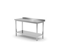 HENDI Mesa de trabajo, de pared, encimera de trabajo, mesa de cocina, con estante, atornillada, patas ajustables, para auto montaje, con salpicadero: 40 mm, 1400x700x(H)850 mm, acero inoxidable
