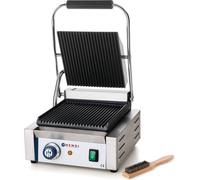 HENDI: Parrilla de contacto, modelo individual, con superficie de cocción acanalada en la parte superior e inferior. 1800W