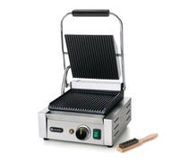 HENDI Parrilla Eléctrica de Contacto, Grill/Plancha Panini y Sandwichera Profesional, Placas Acanaladas de Hierro Fundido Esmaltado, 230V, 1800W, 310x375x(H)216mm, Acero Inoxidable