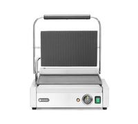 HENDI Parrilla Eléctrica de Contacto, Grill/Plancha Panini y Sandwichera Profesional, Placas Acanaladas y Lisas de Hierro Fundido Esmaltado, 230V, 2200W, 430x375x(H)216mm, Acero Inoxidable