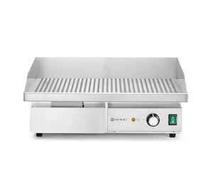 HENDI Plancha de asar eléctrica acanalada, grill parrilla con bandeja de goteo extraíble, temperatura regulable hasta 300°C, 220V, 3000W, 550x430x(H)240mm, acero inoxidable