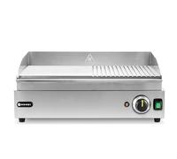 HENDI Plancha de asar eléctrica mixta 1/2 lisa y 1/2 acanalada, grill parrilla con bandeja de goteo extraíble, temperatura regulable hasta 300°C, 230V, 2400W, 527x404x(H)233mm, acero inoxidable