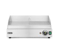 HENDI Plancha de asar eléctrica mixta 1/2 lisa y 1/2 acanalada, grill parrilla con bandeja de goteo extraíble, temperatura regulable hasta 300°C, 230V, 2400W, 550x380x(H)240mm, acero inoxidable