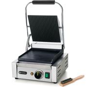 HENDI: Plancha de contacto, modelo individual, superficie superior con rejilla y superficie inferior lisa, 1800W