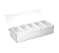 HENDI Portacondimentos de Bar, Bandeja de Guarniciones para Cócteles BarUp, Caja Organizadora con Tapa Transparente, 5 Contenedores de HDPE, 375x140x(H)90mm, Acero Inoxidable