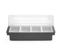 HENDI Portacondimentos de Bar, Bandeja de Guarniciones para Cócteles BarUp, Caja Organizadora con Tapa Transparente, 4 Contenedores de Polipropileno, 480x150x(H) 100mm, HIPS, Negro