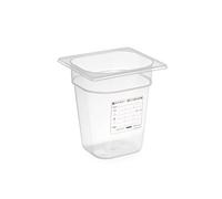 HENDI Recipiente Gastronorm resistente a temperaturas de -40° a 80°C, olor e insípido, sin tapa, 2,4 L, polipropileno, GN 1/6, 176 x 162 x 150 mm, transparente, 24 unidades