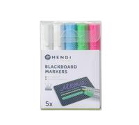 HENDI Rotuladores de tiza liquida para pizarra negra, punta biselada 2 a 6 mm, juego de 5 unidades en 4 colores, borrables con pano humedo, 95x22x(H) 145mm, polipropileno