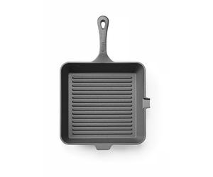 HENDI Sartén parrilla de hierro fundido acanalada, con pico de vertido, apta para horno, gas, inducción, eléctrica y vitrocerámica, mango 140mm, 250x250x(H) 50mm