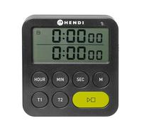 HENDI Temporizador de cocina digital doble de 100 minutos, función cuenta regresiva, progresiva, y memoria, cronómetro, 3 modos de alarma, soporte plegable, orificio e imán, 3xAAA, 82x20x(H)86mm, ABS