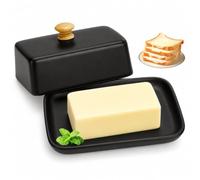 Hengrongshen Mantequera de cerámica con tapa, 250 g, de porcelana, protección contra el polvo y el aroma, color negro, para lavavajillas, microondas y horno