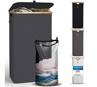 HENNEZ Cesta Ropa Sucia con Tapa Plegable y Bolsas Ropa Extraíble 100 l Gris- Cesto Ropa Sucia Estrecho Grande Bambú - Canasto Cestos para la Ropa Sucia Cesta para la Colada Laundry Basket