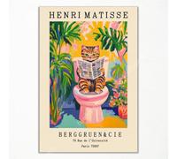 Henri Matisse Lienzo decorativo, Divertido póster de baño con animales, lindo gato tigre en el inodoro, impresión de decoración de pared rosa dopaminérgica para el baño