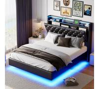 Henunem - Cama de 160 x 200 cm, con iluminación LED y puerto USB, camas dobles acolchadas con cabecera, marco de cama de 160 x 200 cm con somier y almacenamiento, PU material (negro-048, 160 x 200 cm)