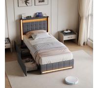 Henunem - Cama de una plaza con iluminación LED y enchufes USB, cama de 90 x 200 con 2 cajones grandes, cama infantil tapizada en lino, gris, cama individual con somier de madera para adolescentes