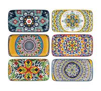 HENXFEN LEAD Platos de porcelana, juego de platos rectangulares pequeños de 8 pulgadas, platos para ensaladas, sushi, entrantes, tartas, diseño floral bohemio en 6 colores vivos