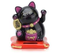 HERCHR Gato de la Suerte Maneki Neko Negro con energía Solar, Gato de la Fortuna Que Saluda automáticamente con Sensor de luz, Mini Figura Kawaii de Gato Saludando